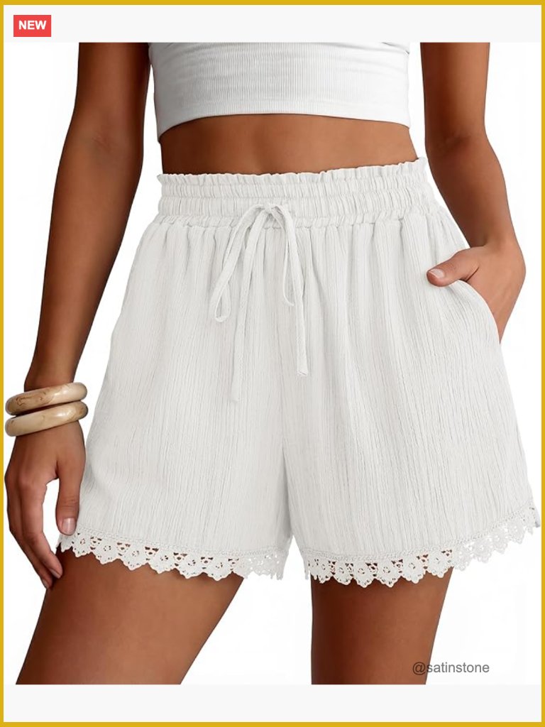 Wide Leg Lace Trim Elastic Drawstring Shorts With Pockets